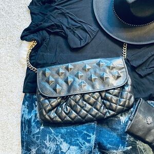 Rachel Roy Black Quilt and Studded Flap Convertible Clutch